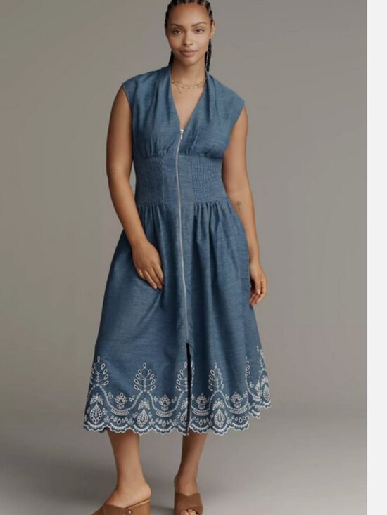 Anthropologie The Tommie Denim Chambray Zip Front Eyelet Trim Dress Blue L NWT - Picture 5 of 8
